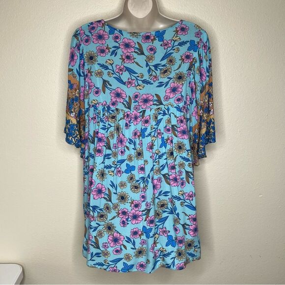 GiGiO Plus Boho Floral Lace Front Tie Flutter Sleeve Top Women 2XL Flowy Rayon - Picture 6 of 12